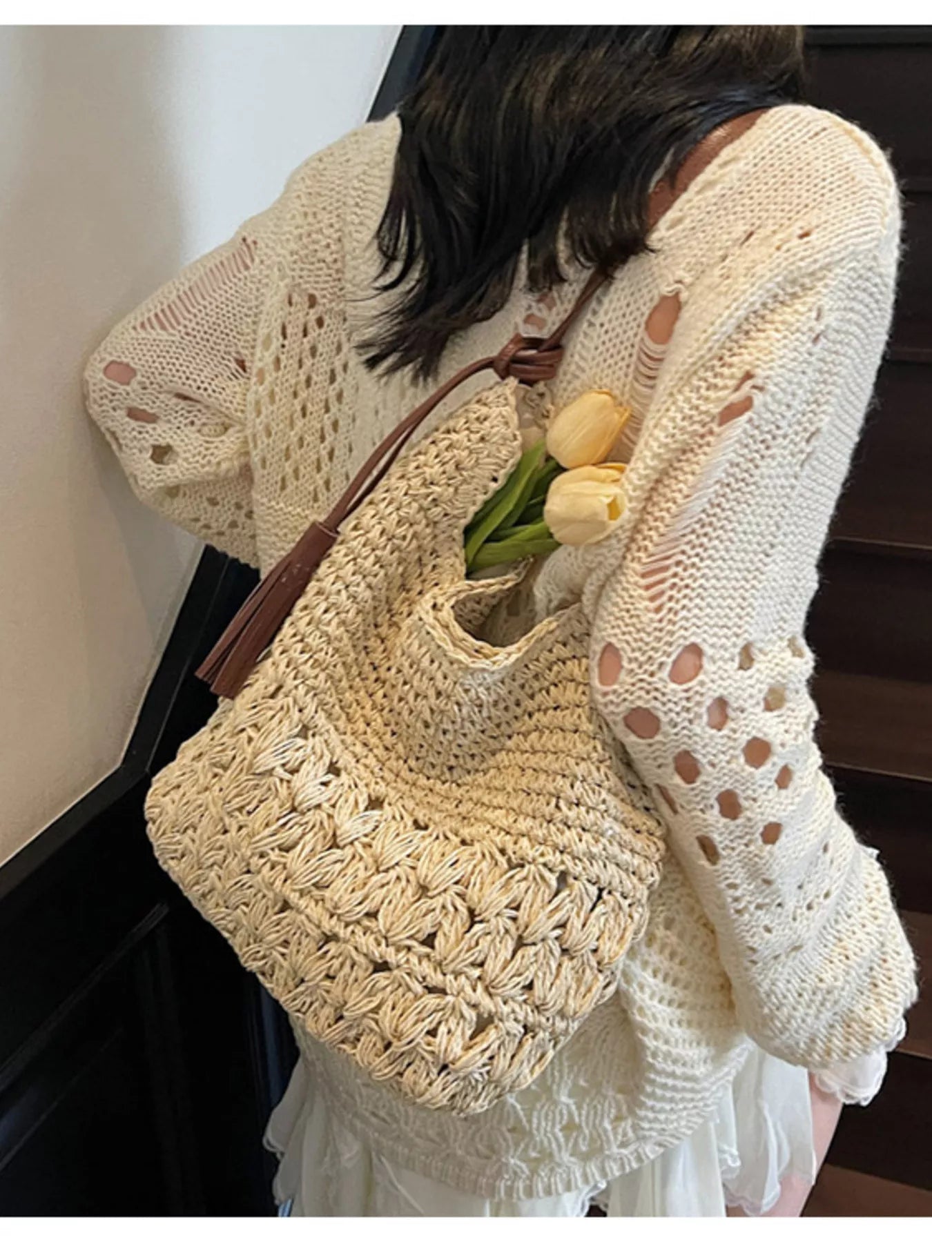 Woven Straw Shoulder Bag with Tassels - Premium simple from Tooksie - Just $34.99! Shop now at Tooksie