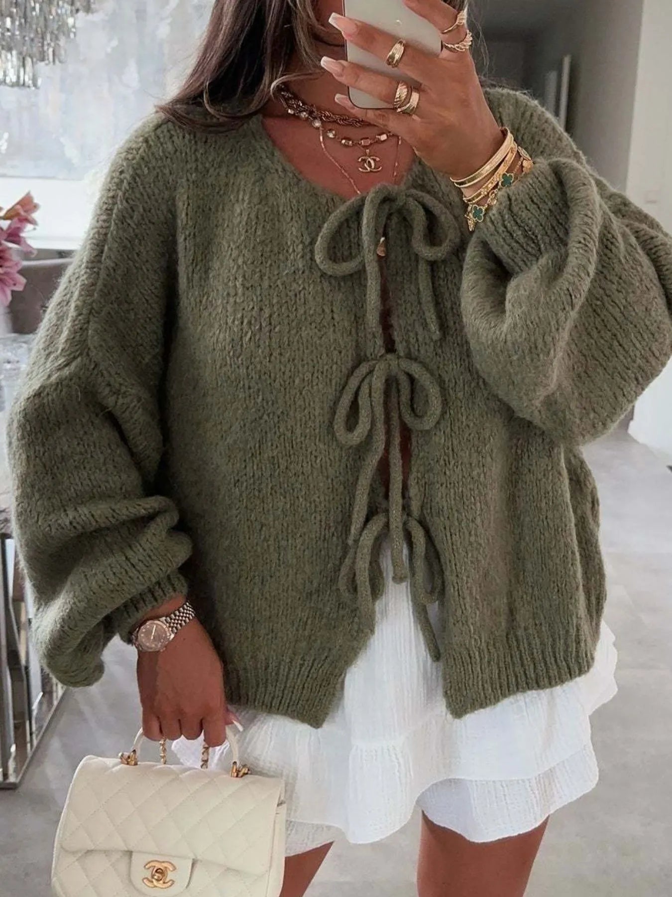 Bow Tie Front Knit Cardigan - Premium variable from Tooksie - Just $42.99! Shop now at Tooksie