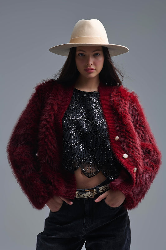 Burgundy Faux Fur Cardigan Jacket - Premium variable from Tooksie - Just $109.90! Shop now at Tooksie