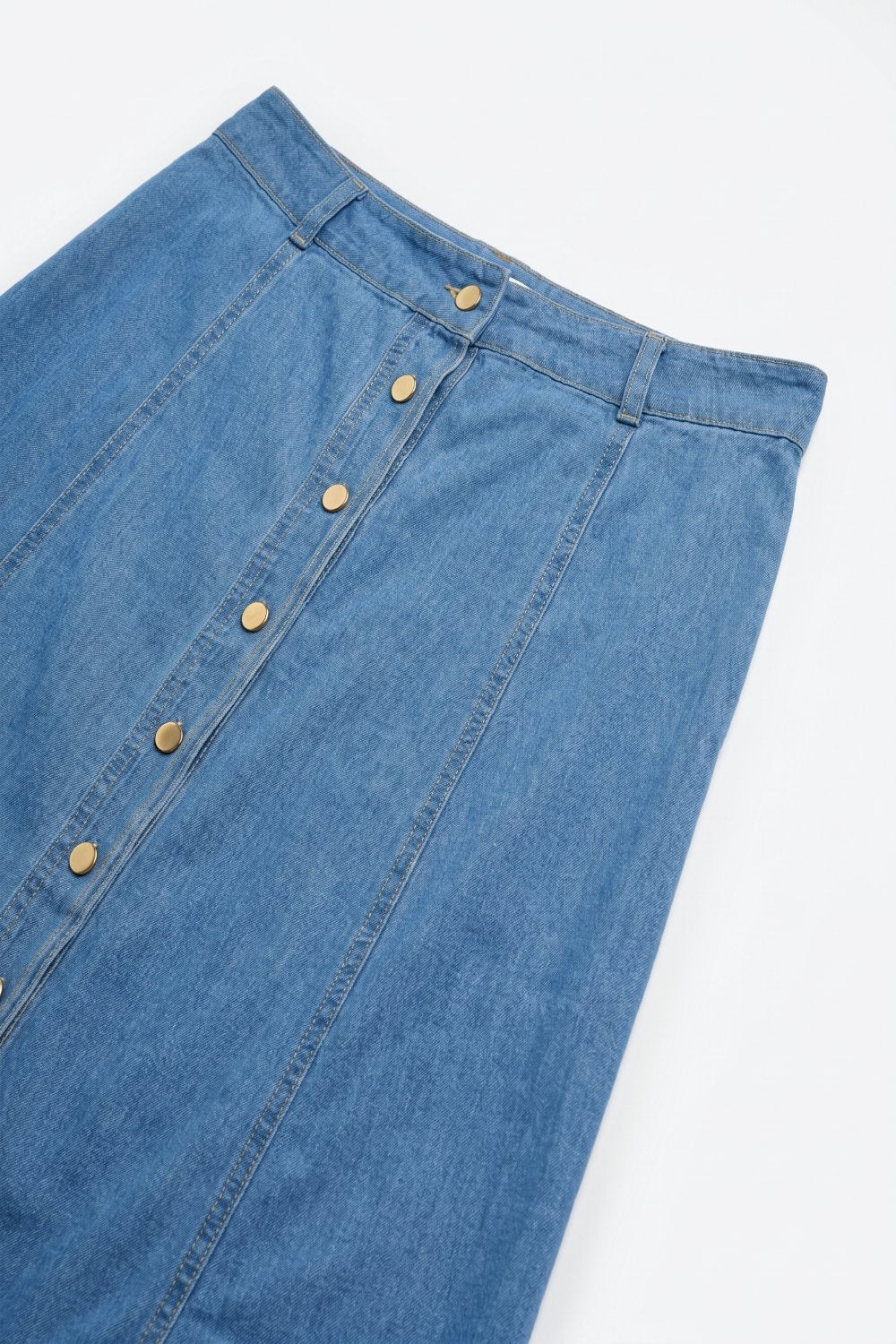 Light Blue Wash Denim A-Line Midi Skirt with Contrast Stitch - Premium variable from Tooksie - Just $89.90! Shop now at Tooksie