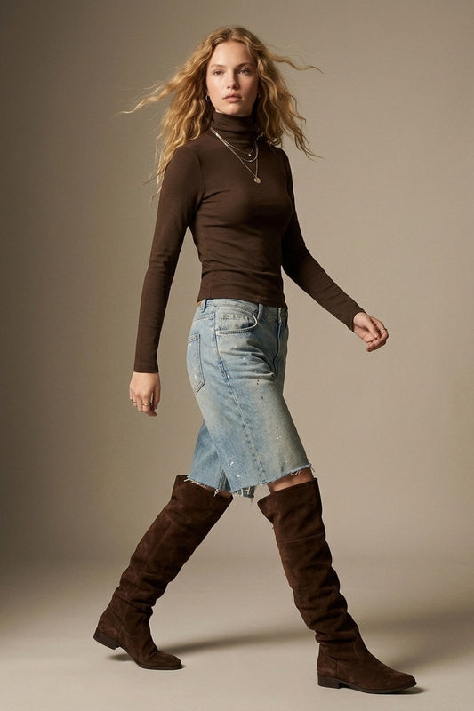 Brown Turtleneck Long Sleeve T-Shirt