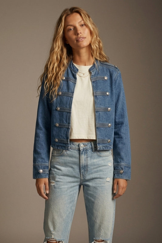 Denim Military Cropped Jacket - Premium simple from Tooksie - Just $104.90! Shop now at Tooksie