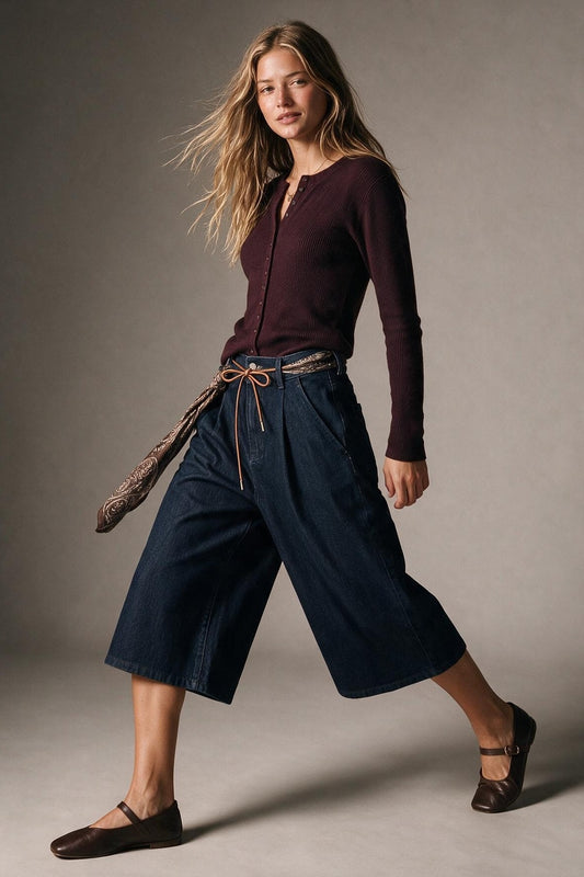 Wide-Leg Denim Culottes with Tie Belt - Premium variable from Tooksie - Just $74.90! Shop now at Tooksie