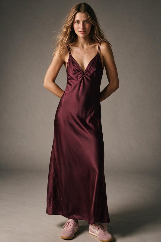 Burgundy Satin Ruched Maxi Slip Dress - Premium variable from Tooksie - Just $84.90! Shop now at Tooksie