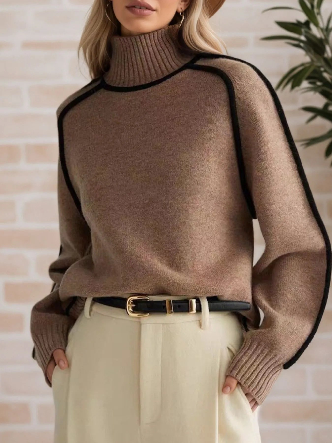 Contrast Trim Turtleneck Sweater - Premium variable from Tooksie - Just $52.99! Shop now at Tooksie
