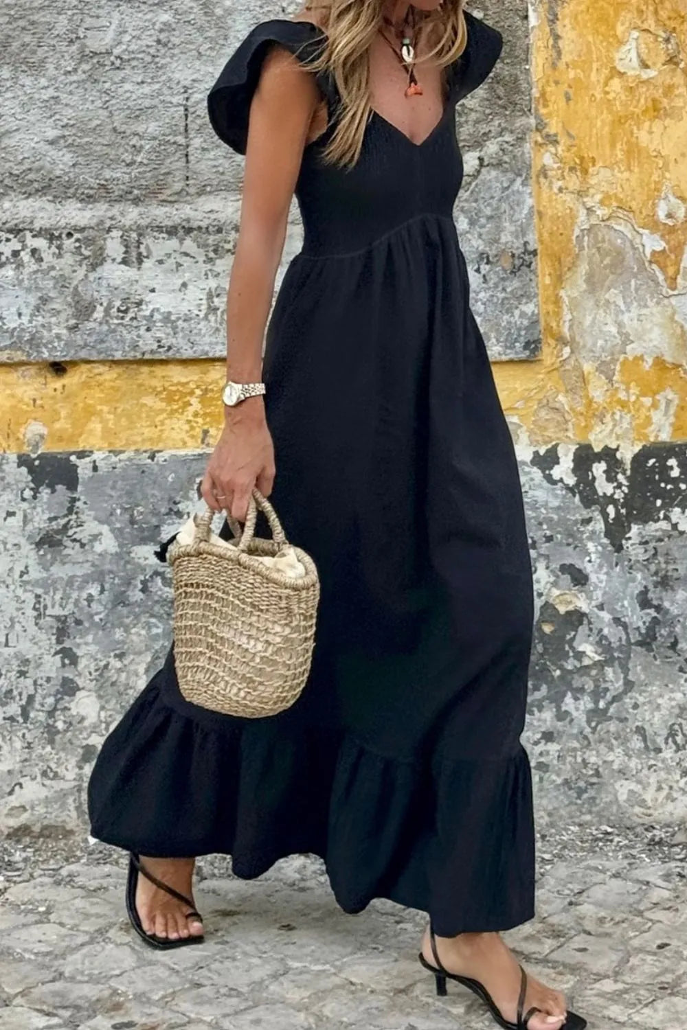 smocked v neck maxi dress V Neck Ruffled Cap Sleeve Smocked Maxi Dress