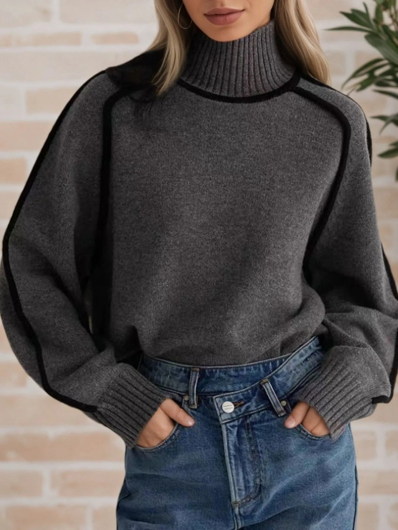 Contrast Trim Turtleneck Sweater - Premium variable from Tooksie - Just $52.99! Shop now at Tooksie