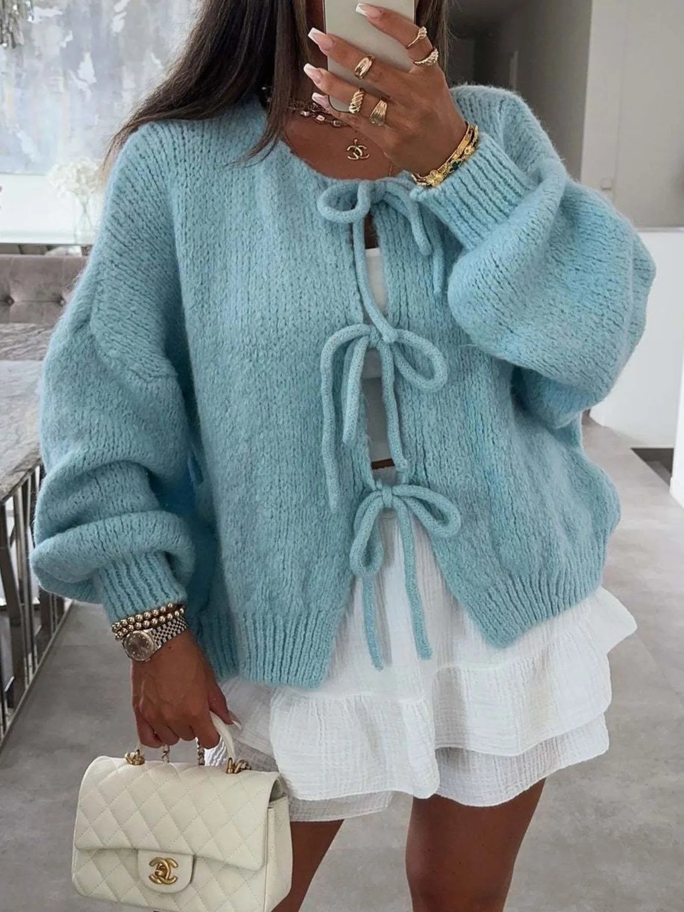 Bow Tie Front Knit Cardigan - Premium variable from Tooksie - Just $42.99! Shop now at Tooksie
