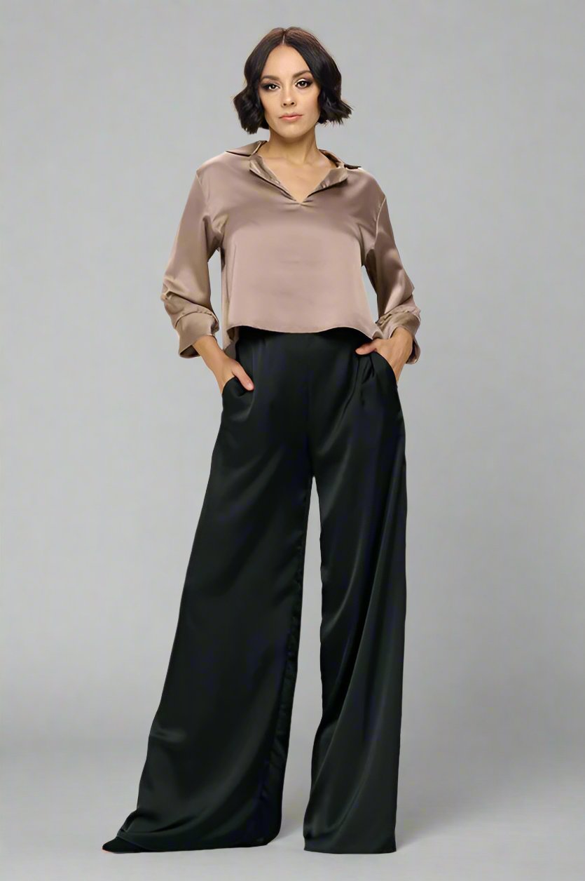 Black Satin Wide Leg Trousers - Premium variable from Tooksie - Just $101.99! Shop now at Tooksie