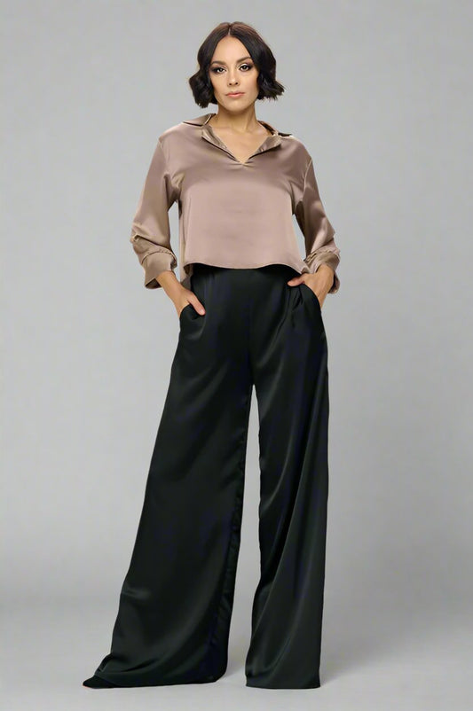 Black Satin Wide Leg Trousers - Premium variable from Tooksie - Just $101.99! Shop now at Tooksie
