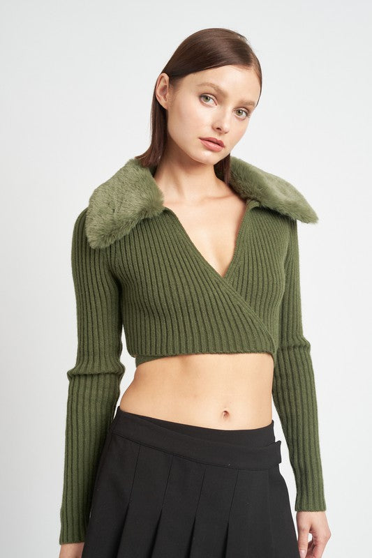 Cropped Cardigan With Faux Fur Collar - Premium variable from Tooksie - Just $48.99! Shop now at Tooksie