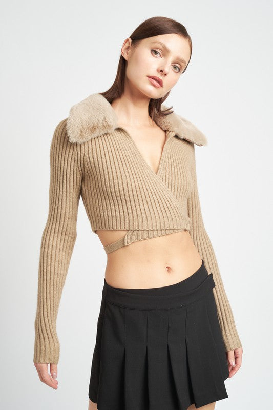 Cropped Cardigan With Faux Fur Collar - Premium variable from Tooksie - Just $48.99! Shop now at Tooksie