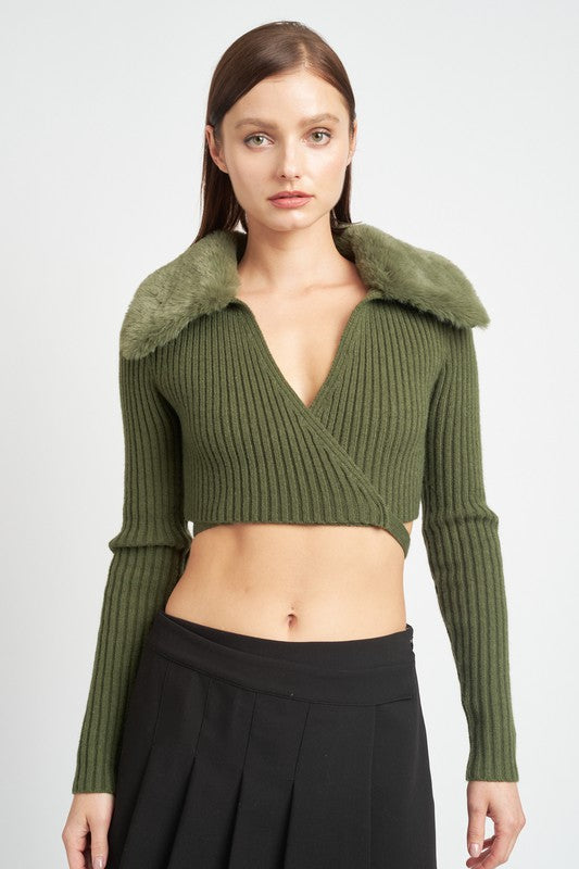 Cropped Cardigan With Faux Fur Collar - Premium variable from Tooksie - Just $48.99! Shop now at Tooksie