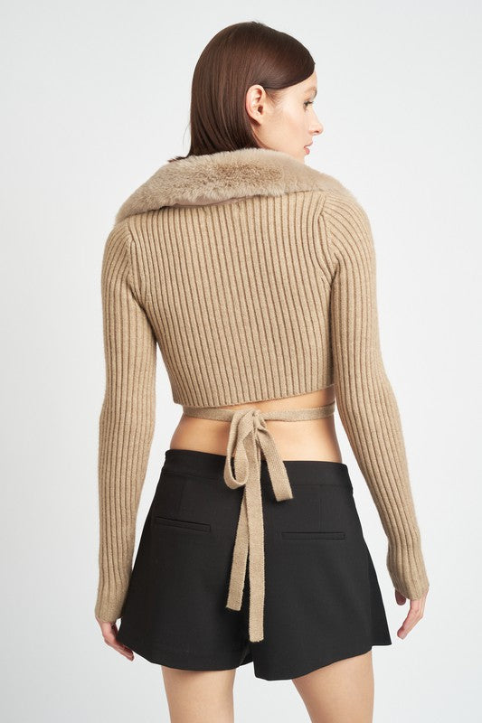 Cropped Cardigan With Faux Fur Collar - Premium variable from Tooksie - Just $48.99! Shop now at Tooksie