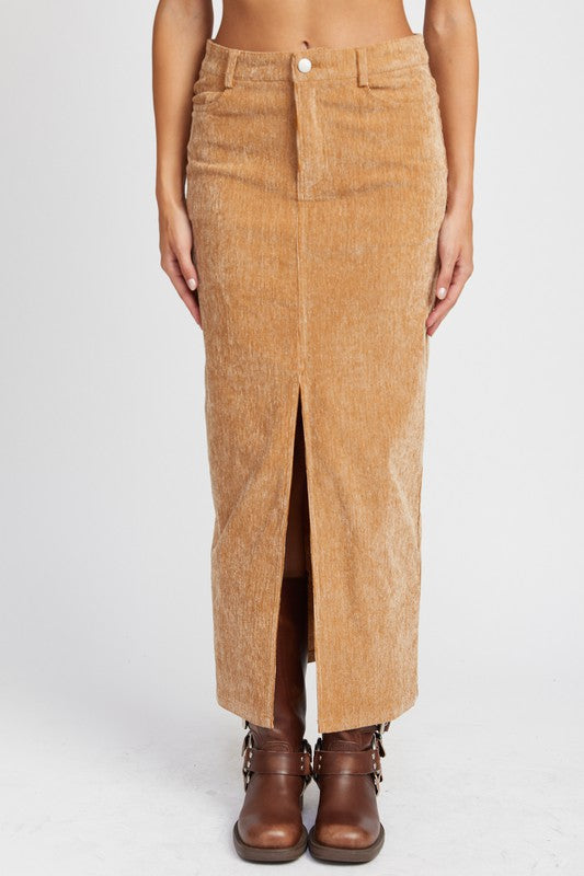 Corduroy Midi Skirt With Front Slit - Premium variable from Tooksie - Just $52.99! Shop now at Tooksie