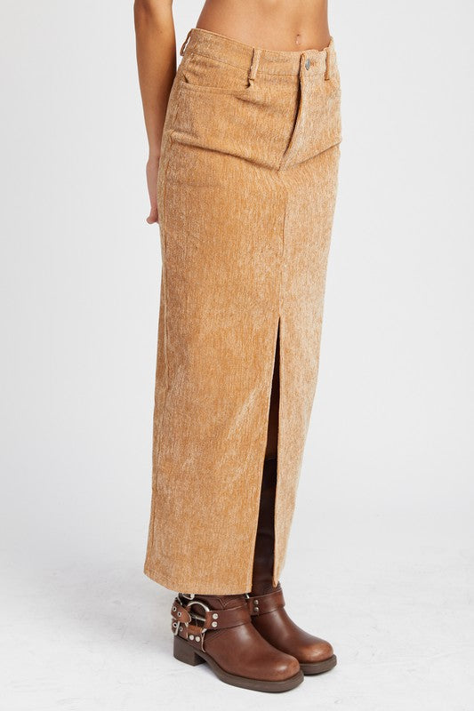 Corduroy Midi Skirt With Front Slit - Premium variable from Tooksie - Just $52.99! Shop now at Tooksie
