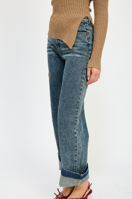 Washed Denim Cuffed Jeans - Premium variable from Tooksie - Just $61.99! Shop now at Tooksie