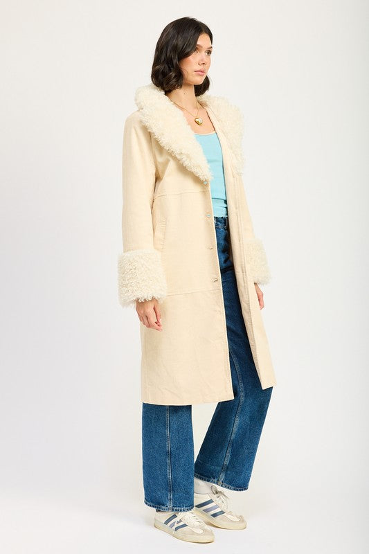 Corduroy and Faux Fur Coat - Premium variable from Tooksie - Just $101.99! Shop now at Tooksie