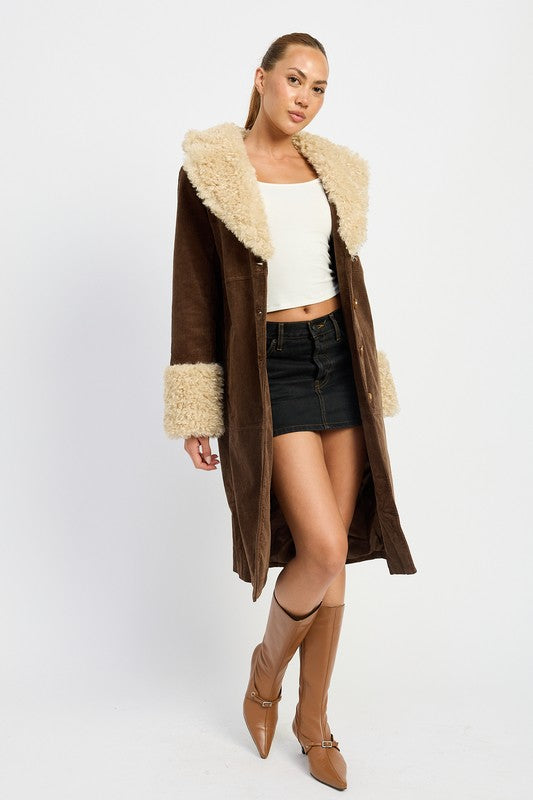 Corduroy and Faux Fur Coat - Premium variable from Tooksie - Just $101.99! Shop now at Tooksie