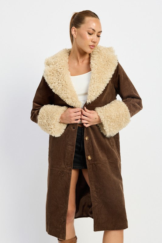 Corduroy and Faux Fur Coat - Premium variable from Tooksie - Just $101.99! Shop now at Tooksie