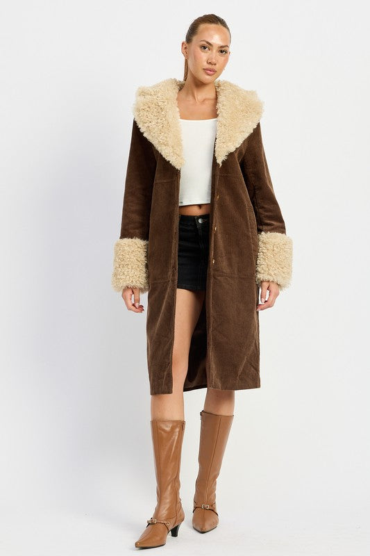 Corduroy and Faux Fur Coat - Premium variable from Tooksie - Just $101.99! Shop now at Tooksie