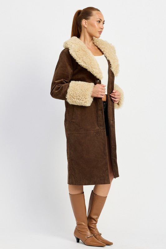 Corduroy and Faux Fur Coat - Premium variable from Tooksie - Just $101.99! Shop now at Tooksie