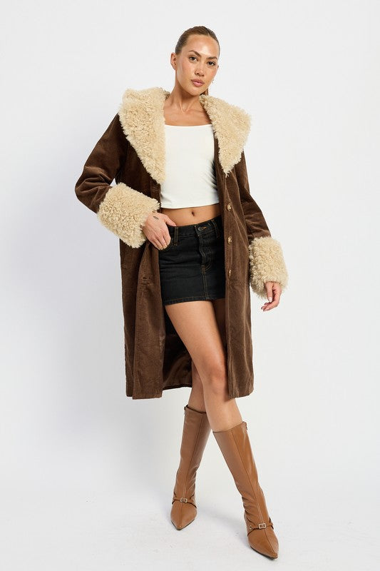 Corduroy and Faux Fur Coat - Premium variable from Tooksie - Just $101.99! Shop now at Tooksie