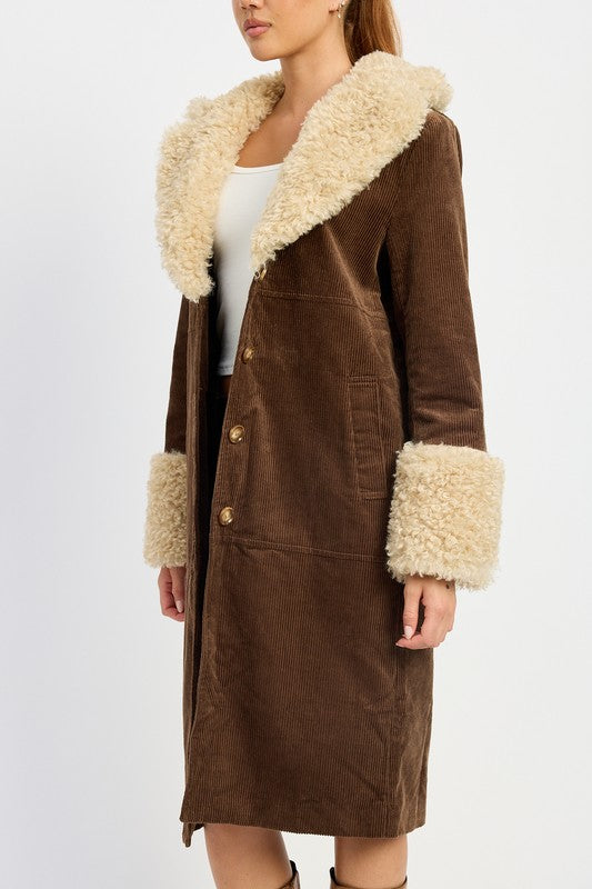 Corduroy and Faux Fur Coat - Premium variable from Tooksie - Just $101.99! Shop now at Tooksie