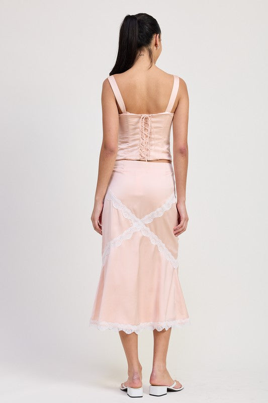 Midi Satin Skirt With Lace Detail - Premium variable from Tooksie - Just $47.99! Shop now at Tooksie