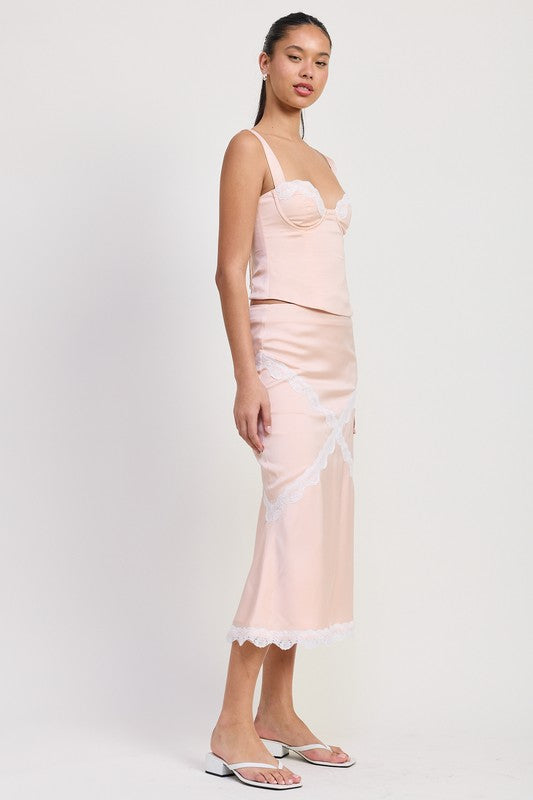 Midi Satin Skirt With Lace Detail - Premium variable from Tooksie - Just $47.99! Shop now at Tooksie