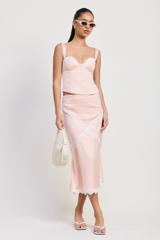 Midi Satin Skirt With Lace Detail - Premium variable from Tooksie - Just $47.99! Shop now at Tooksie