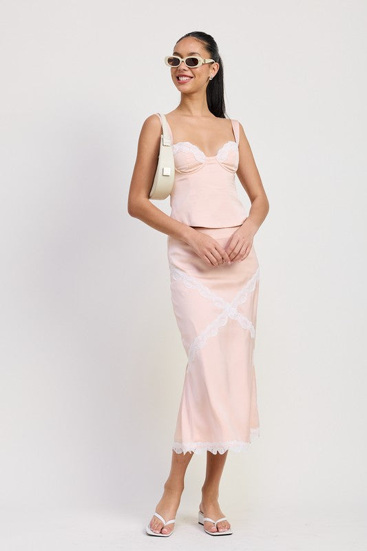 Midi Satin Skirt With Lace Detail - Premium variable from Tooksie - Just $47.99! Shop now at Tooksie