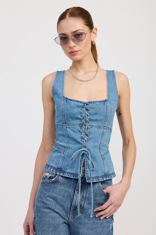 Denim Lace Up Bustier Top - Premium variable from Tooksie - Just $61.99! Shop now at Tooksie