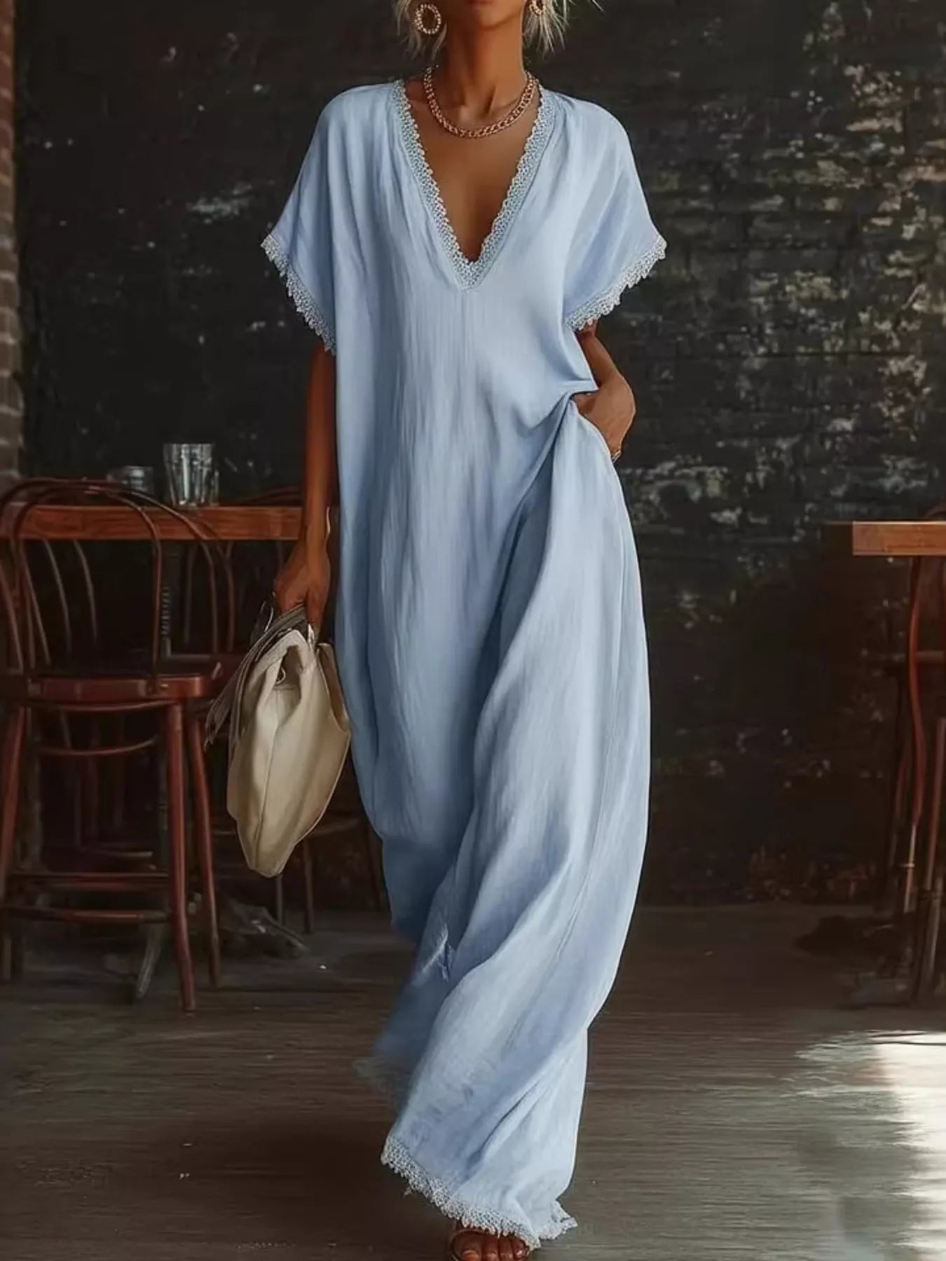 lace-trim v-neck crepe maxi dress Lace Trim V-Neck Maxi Dress