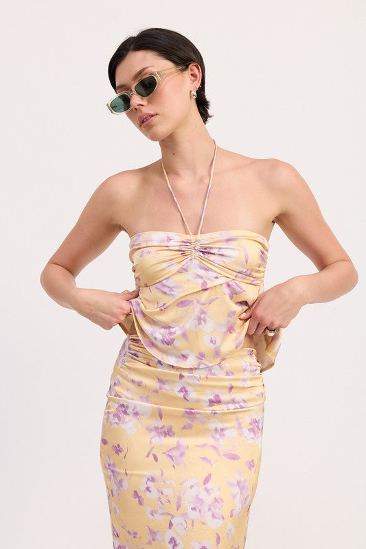 Floral Strapless Ruched Halter Top - Premium variable from Tooksie - Just $46.99! Shop now at Tooksie