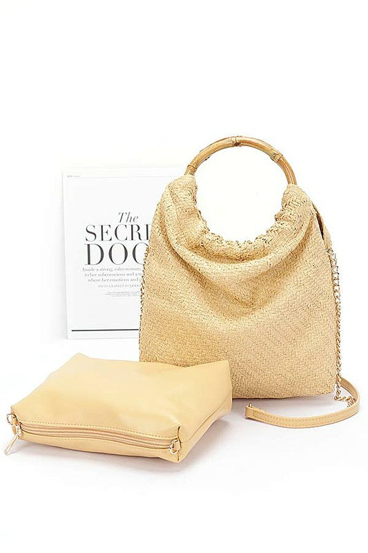 Bamboo Handle 2 In 1 Woven Look Handbag - Premium from Tooksie - Just $45.99! Shop now at Tooksie