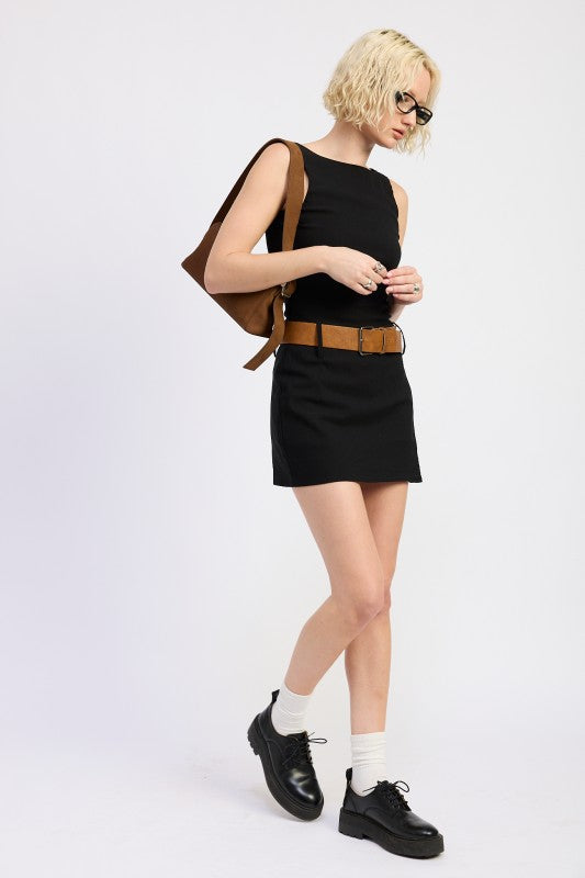 Boat Neck Mini Tank Dress With Chunky Belt - Premium variable from Tooksie - Just $54.99! Shop now at Tooksie