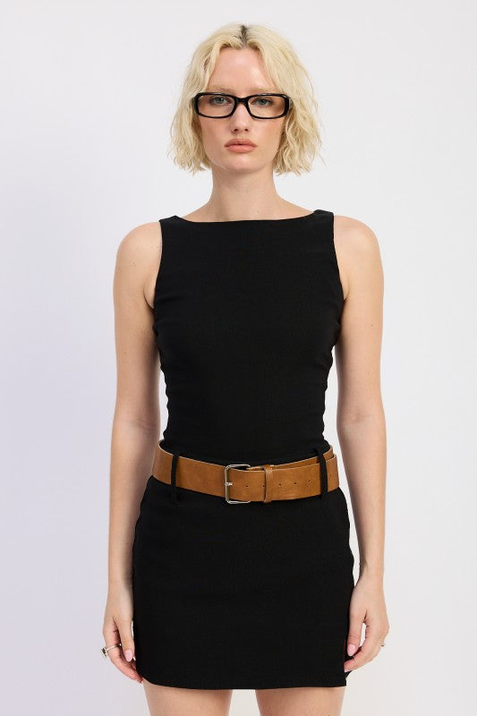 black tailored mini dress Dark Solid Color Boat Neck Slim Fit-in Mini Dress – The Ivy Edit main image 1