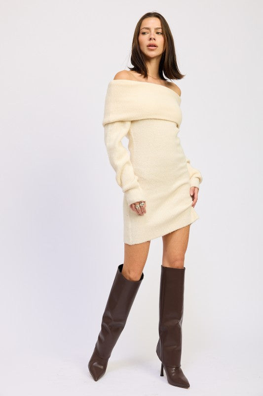 Long Sleeve Off Shoulder Mini Knit Dress - Premium variable from Tooksie - Just $63.99! Shop now at Tooksie