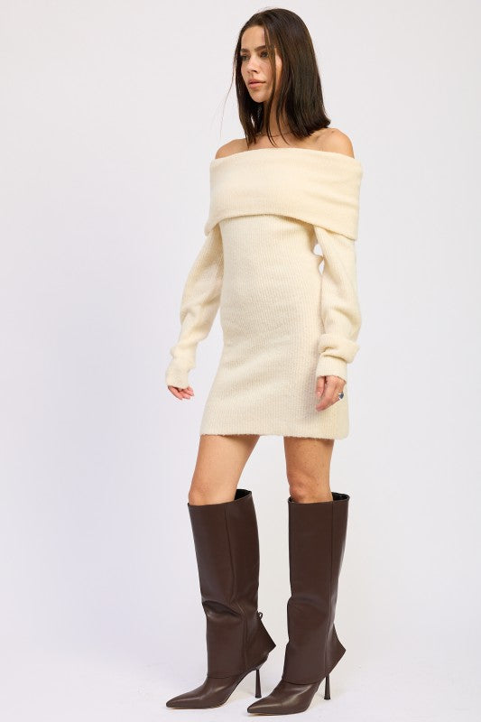Long Sleeve Off Shoulder Mini Knit Dress - Premium variable from Tooksie - Just $63.99! Shop now at Tooksie