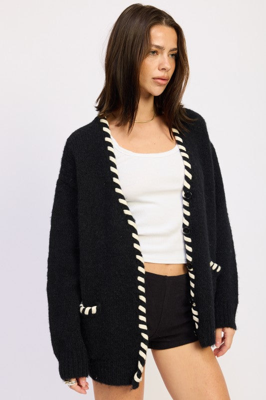 Faux Leather Trim Cardigan - Premium variable from Tooksie - Just $68.99! Shop now at Tooksie