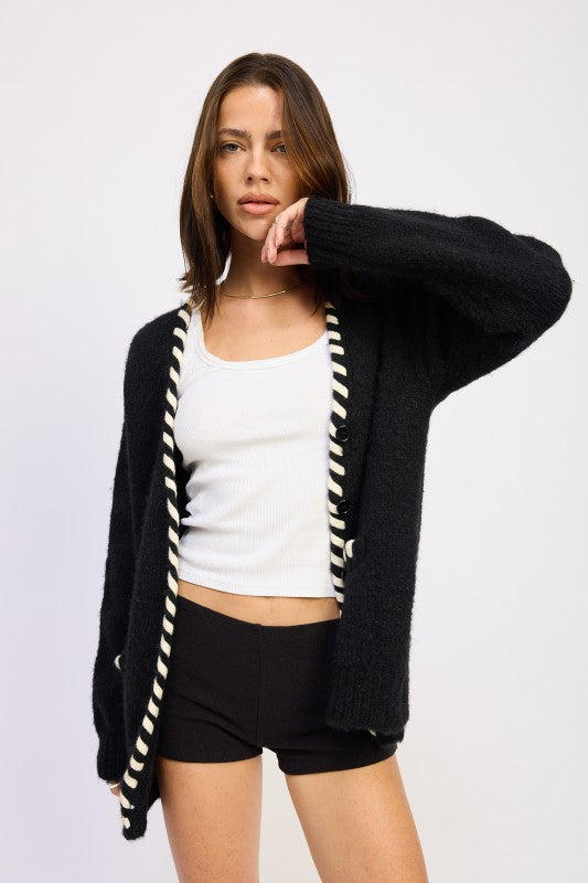 Faux Leather Trim Cardigan - Premium variable from Tooksie - Just $68.99! Shop now at Tooksie