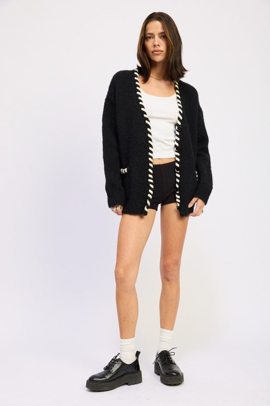 Faux Leather Trim Cardigan - Premium variable from Tooksie - Just $68.99! Shop now at Tooksie