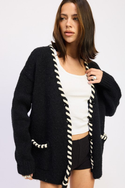Faux Leather Trim Cardigan - Premium variable from Tooksie - Just $68.99! Shop now at Tooksie