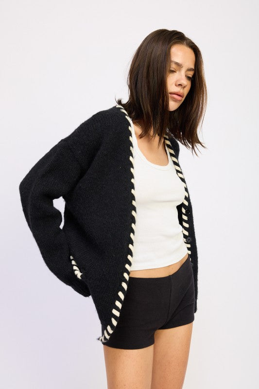 Faux Leather Trim Cardigan - Premium variable from Tooksie - Just $68.99! Shop now at Tooksie