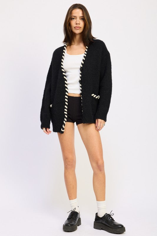 Faux Leather Trim Cardigan - Premium variable from Tooksie - Just $68.99! Shop now at Tooksie