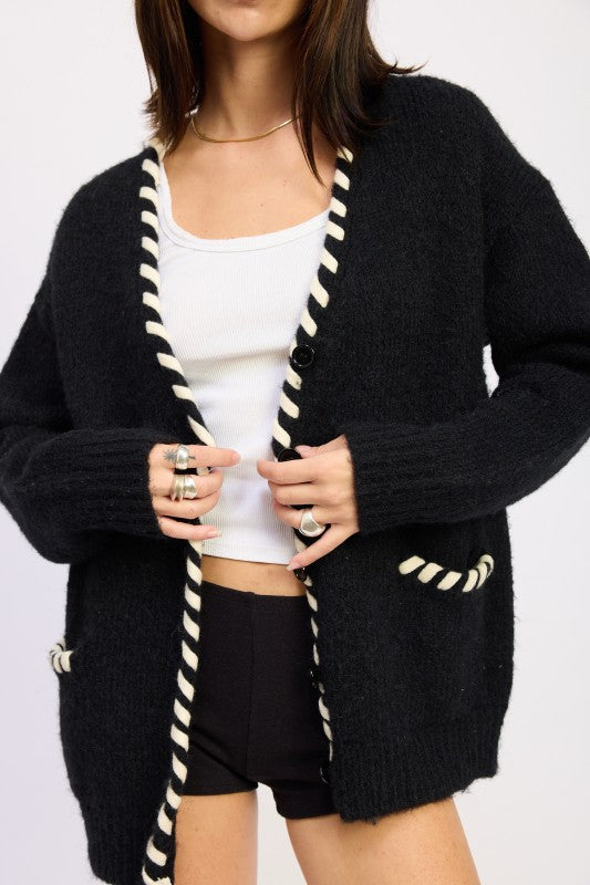 Faux Leather Trim Cardigan - Premium variable from Tooksie - Just $68.99! Shop now at Tooksie