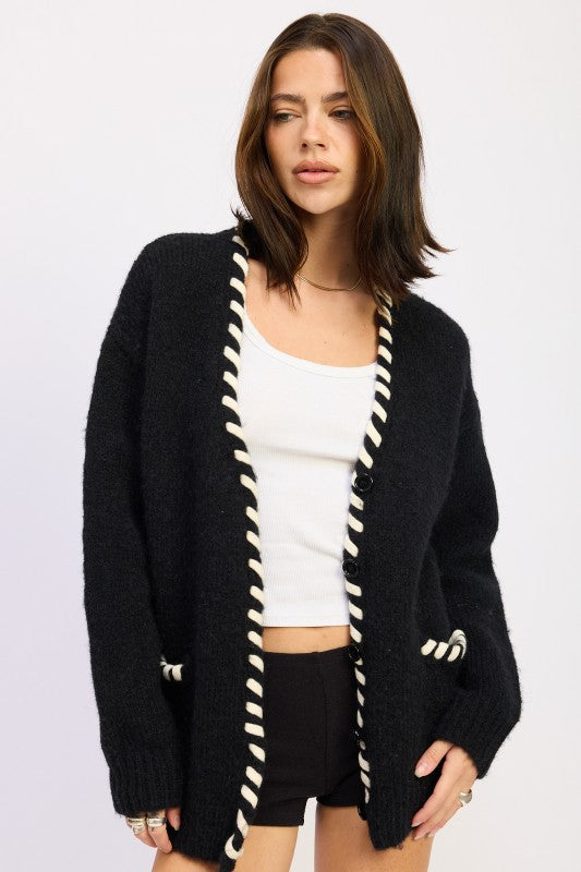 Faux Leather Trim Cardigan - Premium variable from Tooksie - Just $68.99! Shop now at Tooksie