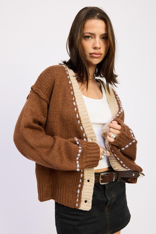 Button Down Contrasted Cardigan - Premium variable from Tooksie - Just $63.99! Shop now at Tooksie