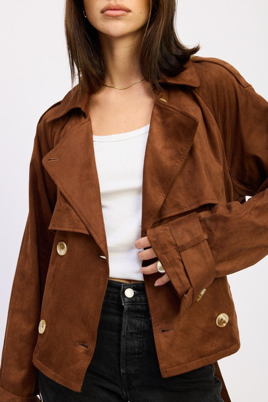 Faux Suede Cropped Trench Coat - Premium variable from Tooksie - Just $96.99! Shop now at Tooksie